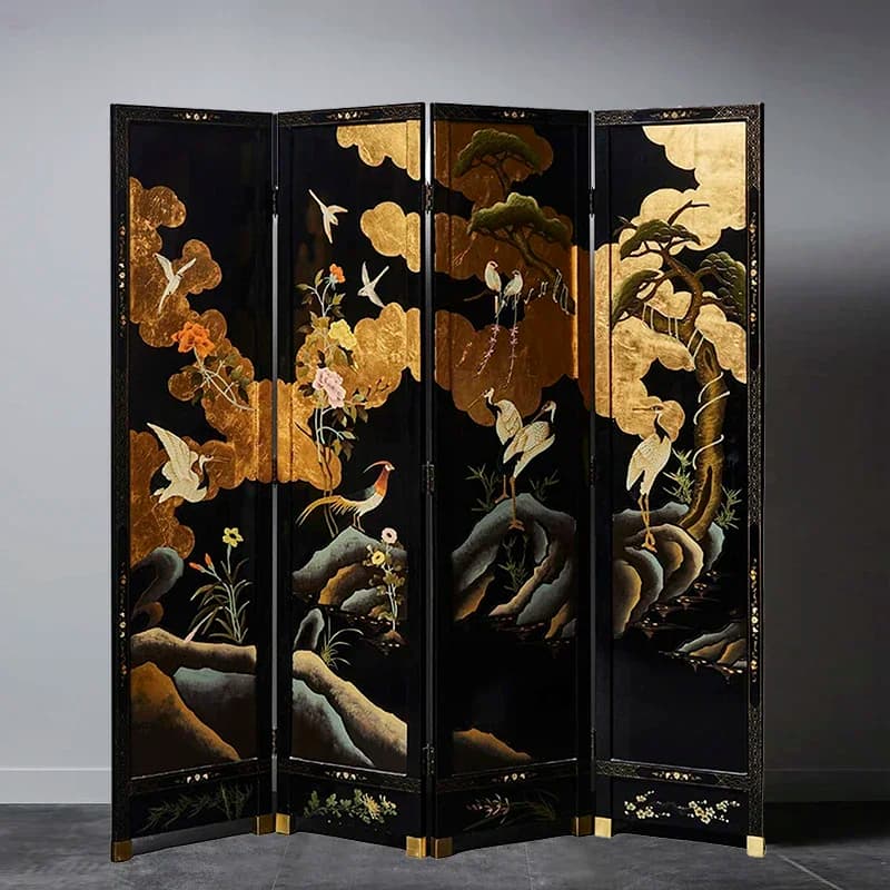 Medieval retro screen black background flowers and birds classical tea room entrance decoration blocking folding