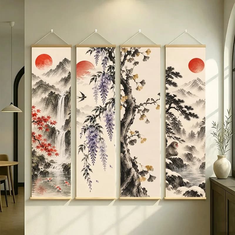 Wall Art Black Ink Tree Branches and Golden Leaves, Japanese Minimalist Pearlescent Canvas Hanging Scroll for Tea House