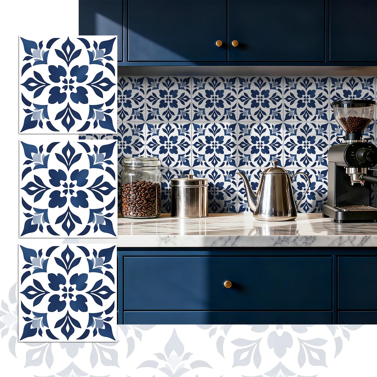 36Pcs Vintage Floral Tile Stickers, Self-Adhesive Peel and Stick Wall Decals, Waterproof for Kitchen Bathroom Home Decor