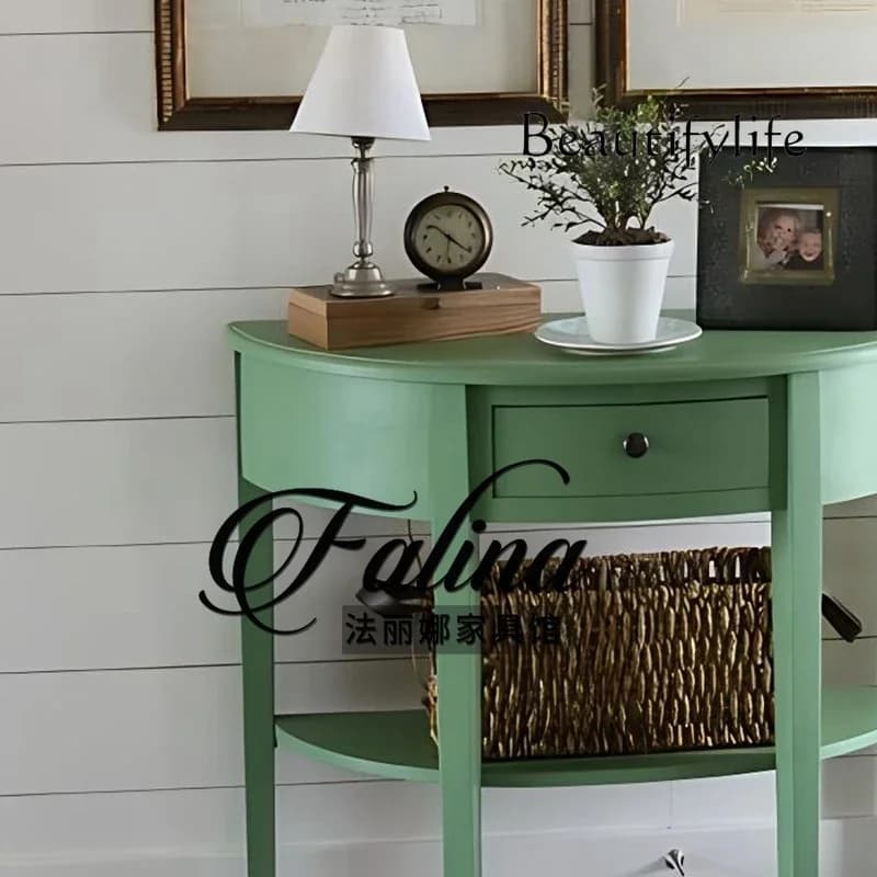 yj58 American solid wood porch table semi-round European sofa back a few foyer porch cabinet retro double shelf