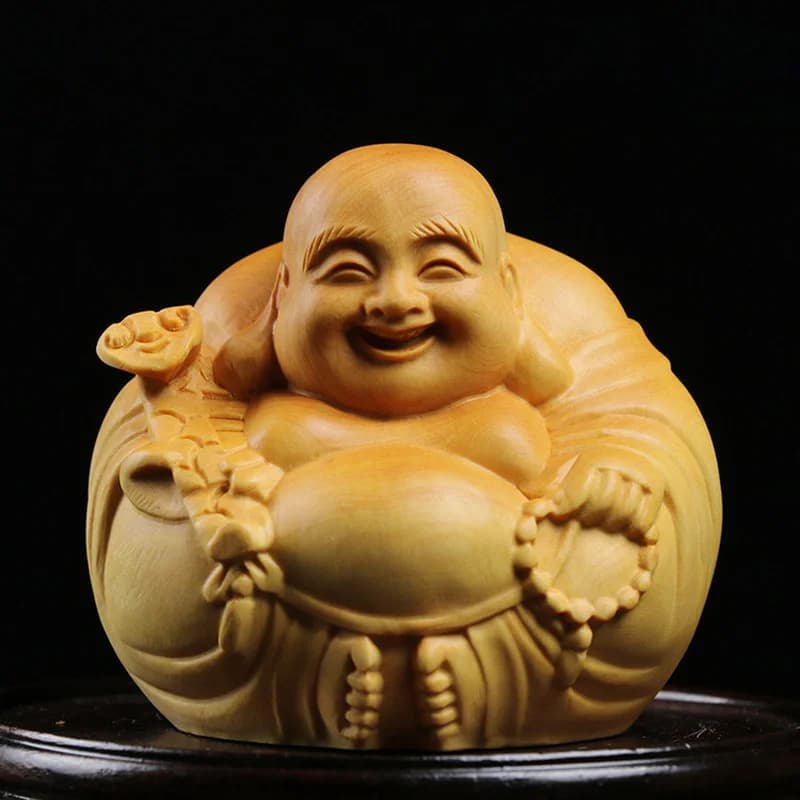 2.75" Boxwood Maitreya Sculpture Wood Carving Buddha Statue Laughing Buddha Gift