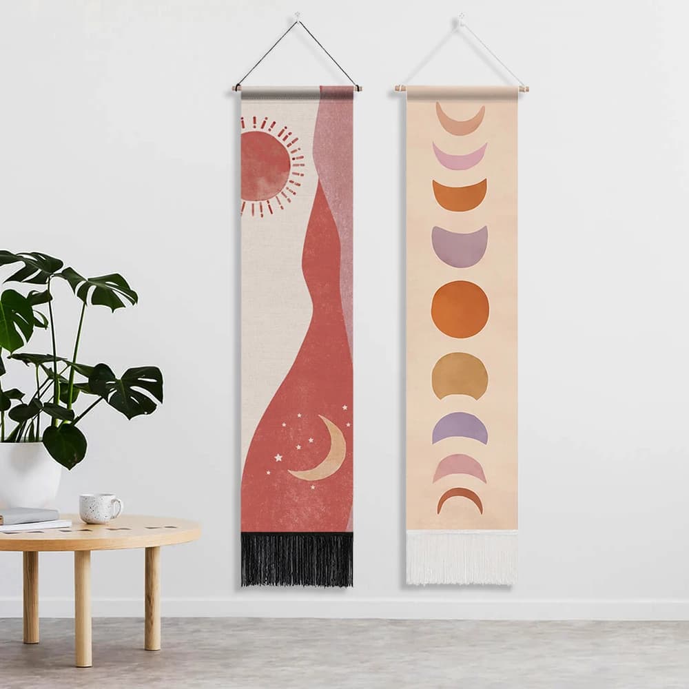 Moon Phase Tapestry Wall Hanging, Boho Minimalist Celestial Tapestry, Neutral Aesthetic Wall Decor for Bedroom, 12.8x51.2 Inch
