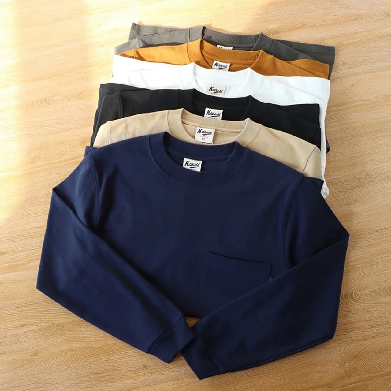 Japanese-style Basic Pocket Long-sleeved T-shirt for Men New Loose 100% Cotton Pullover Tops Spring Autumn Couple's Base Shirts