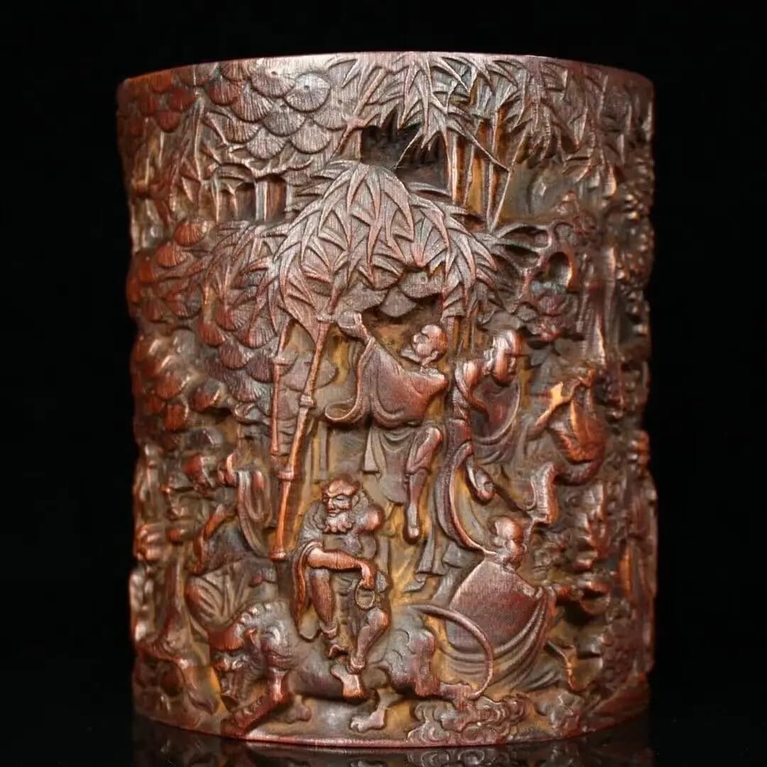 Chinese Wood Brush Pot Old Bamboo Carved Buddha Arhat Pen Holder Collection