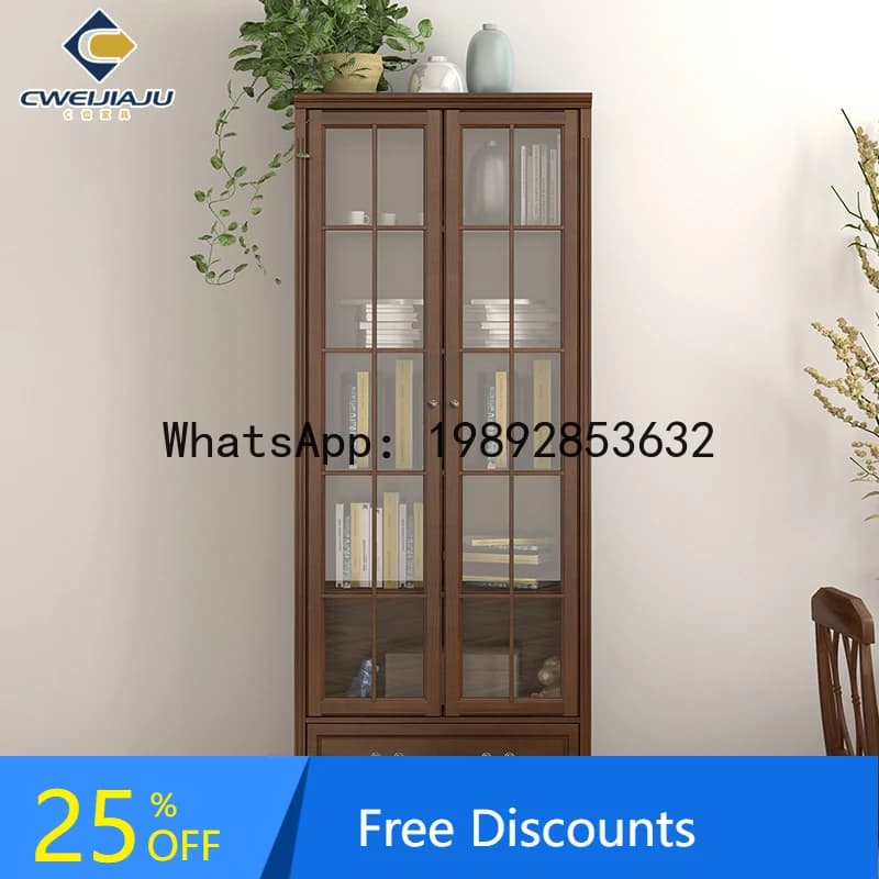 XL Solid Wood American Style Standing Cabinet Bookshelf with Glass Door Home Storage Organizer Shelf