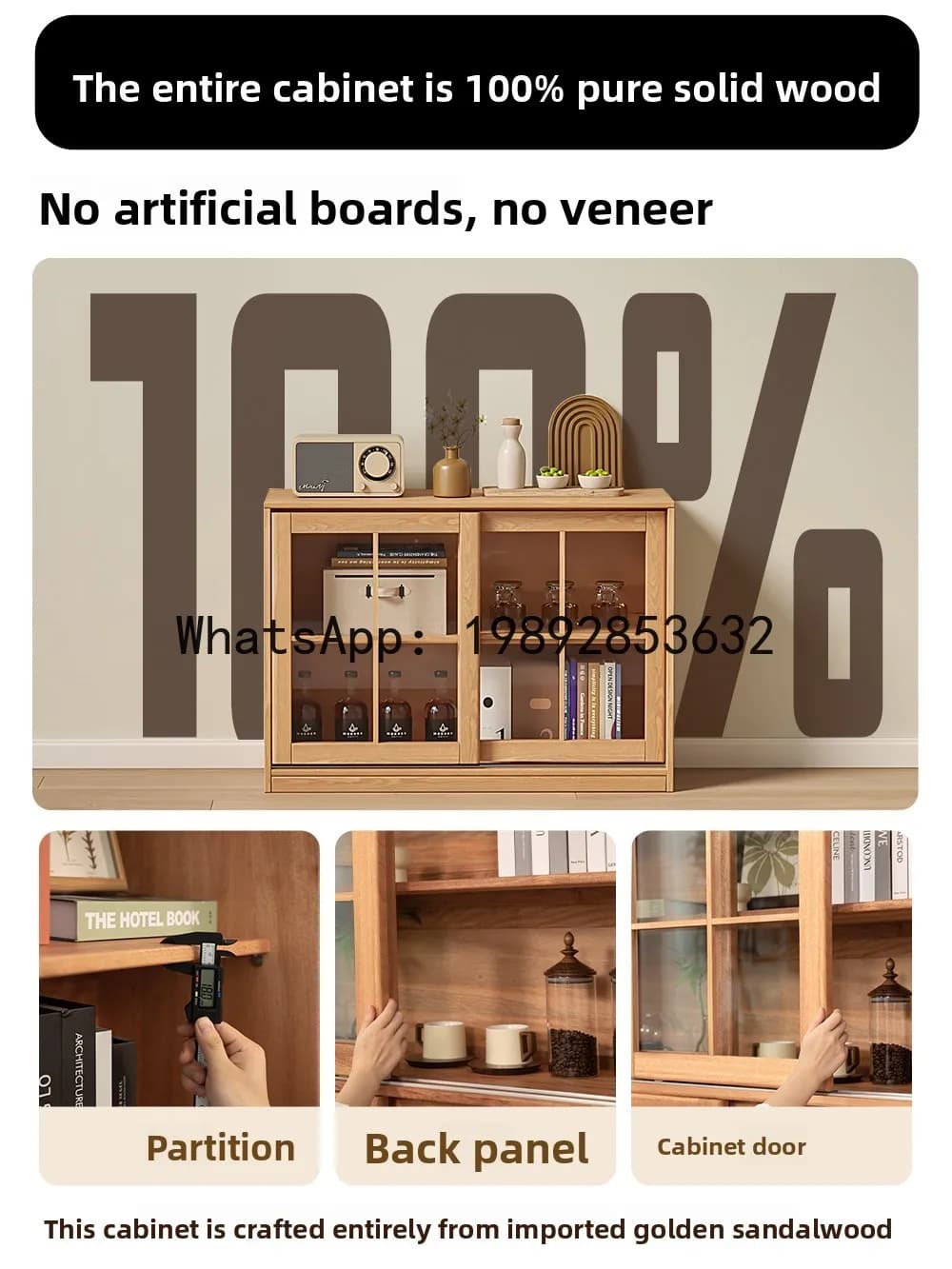 ZZ Solid Wood Bookcase Floor-standing Freestanding Combination with Glass Sliding Door Display Cabinet Wall-mounted