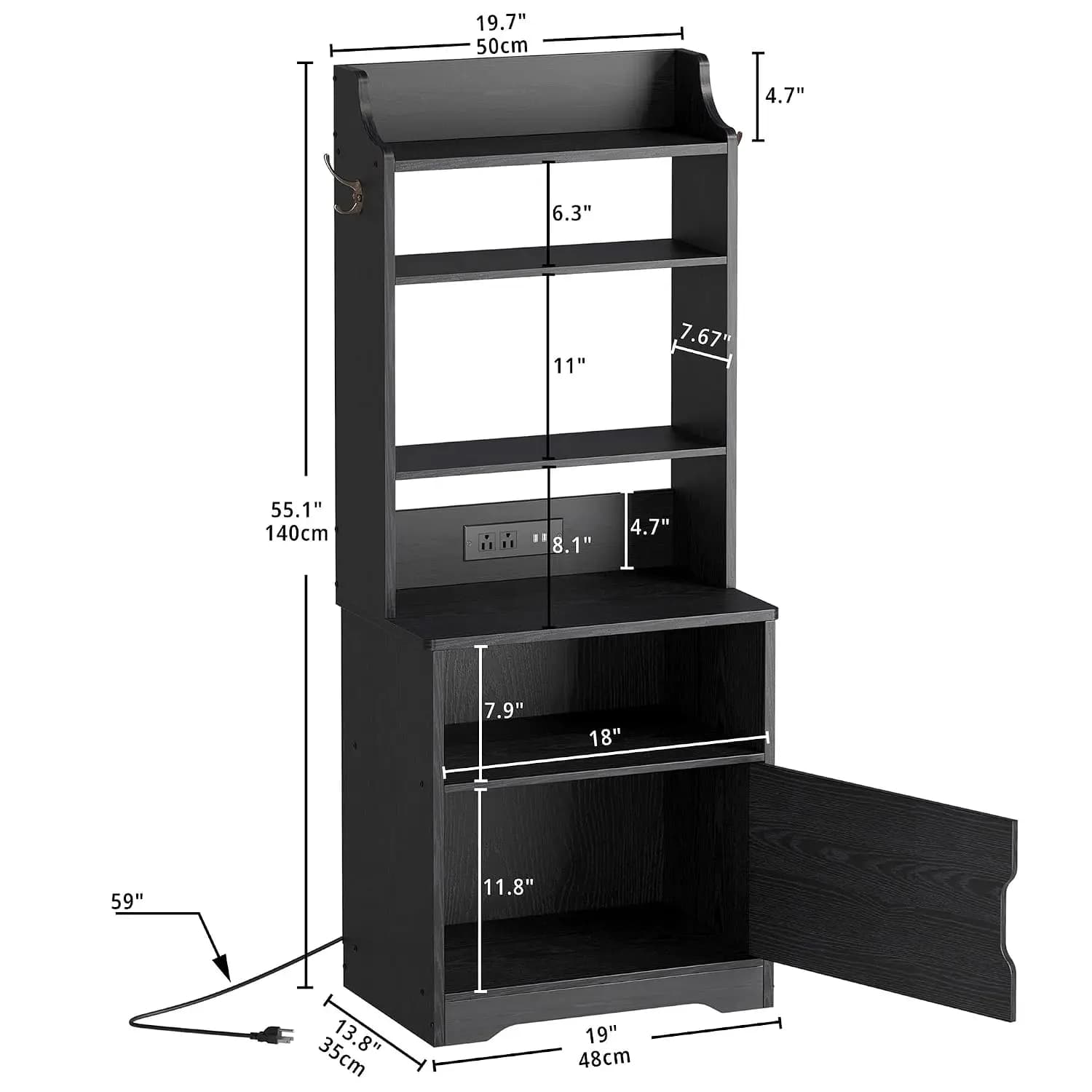 Nightstand, 55" Tall End Side Table with Charging Station and Storage Cabinet, Small Bookshelf, for Living Room, Customized