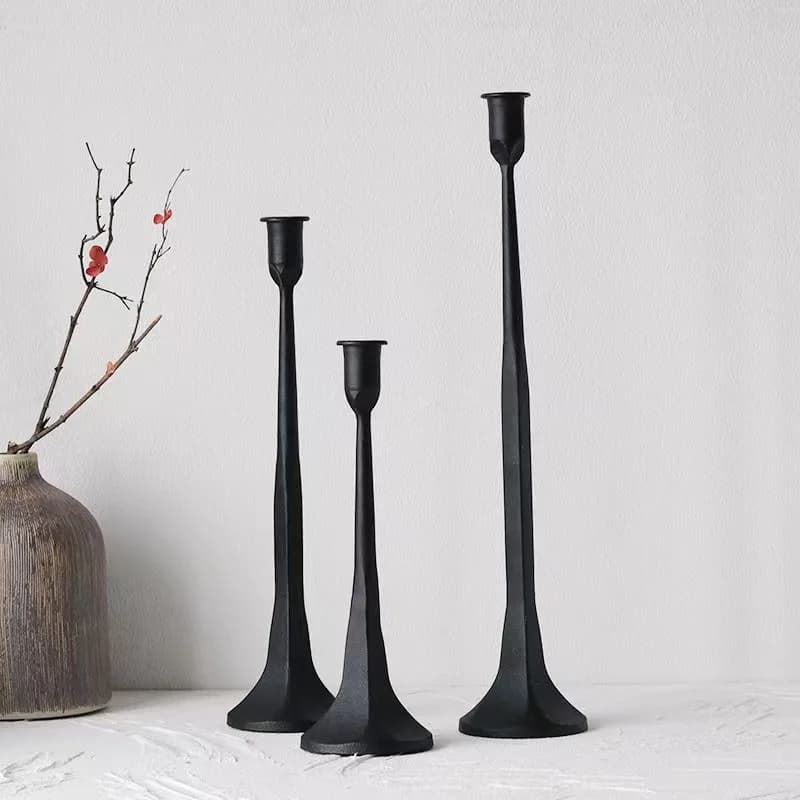 Hot Sale Set of 3 Vintage Gold Cast Iron & Black Metal Candlestick Holders for Home Decoration and Candle Display