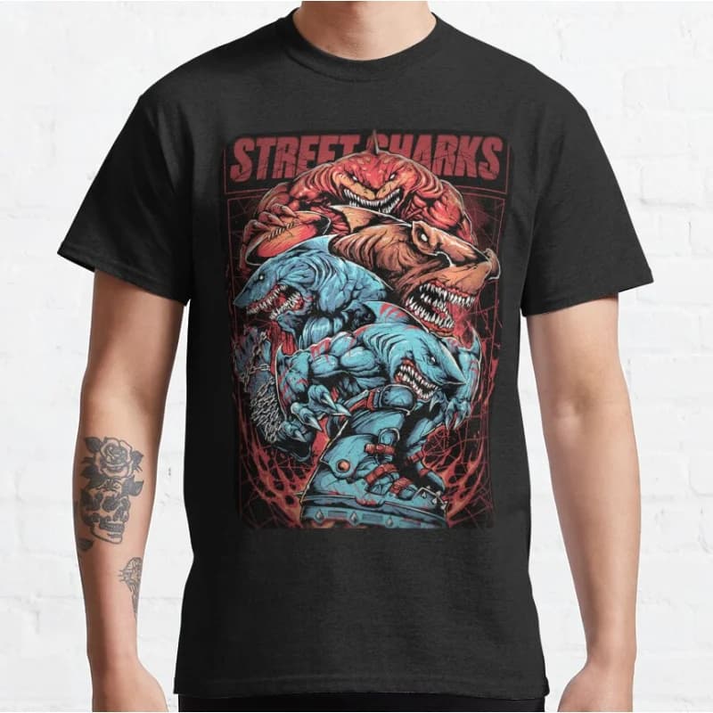 Street sharks Retro sea Shark ocean animal Short-sleeve crewneck T-shirt for men large size Adult Tops S-6xl
