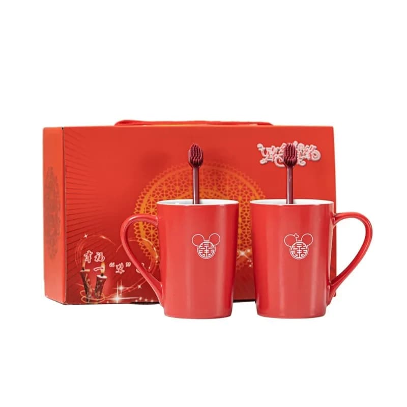 Festive red wedding dowry washing and brushing cup, a pair of couple ceramic mouthwash cups