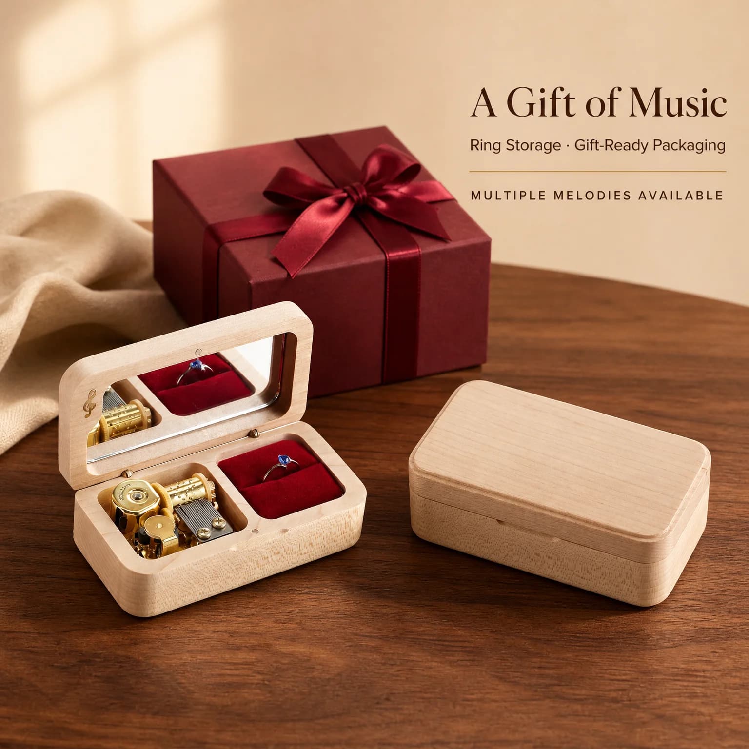 Roosiking Wooden Ring Box Music Box Jewelry Organizer Family Valentine's Day Christmas New Year Gift(Tune:Dream Wedding))