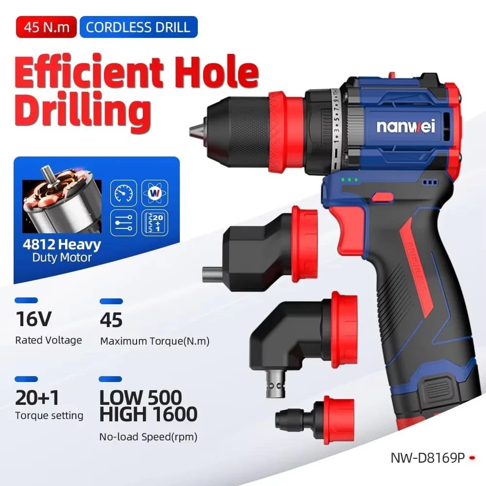 45N.m 16V Compact Brushless Cordless Drill Kit 4in1 Power Drill Set with Torque Setting Lightweight