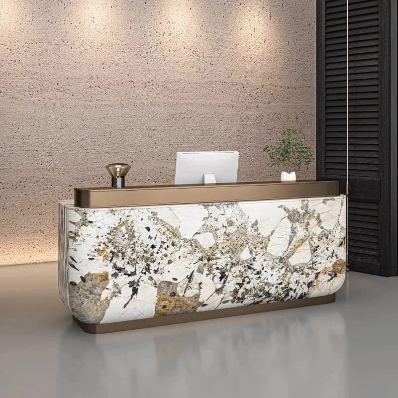 High-End Stainless Steel Gold Marble Veneer Reception Desk Front Desk