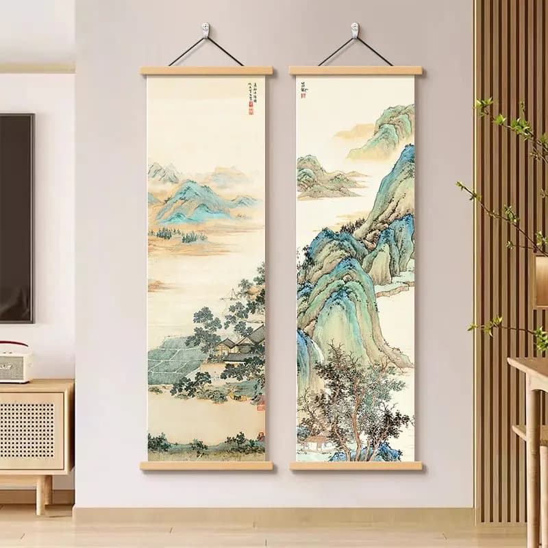 New Chinese Style Pine Wood Scroll, Vintage Fishing Landscape Wall Art, Hanging Painting for Entryway, Study & Tea Room Decor