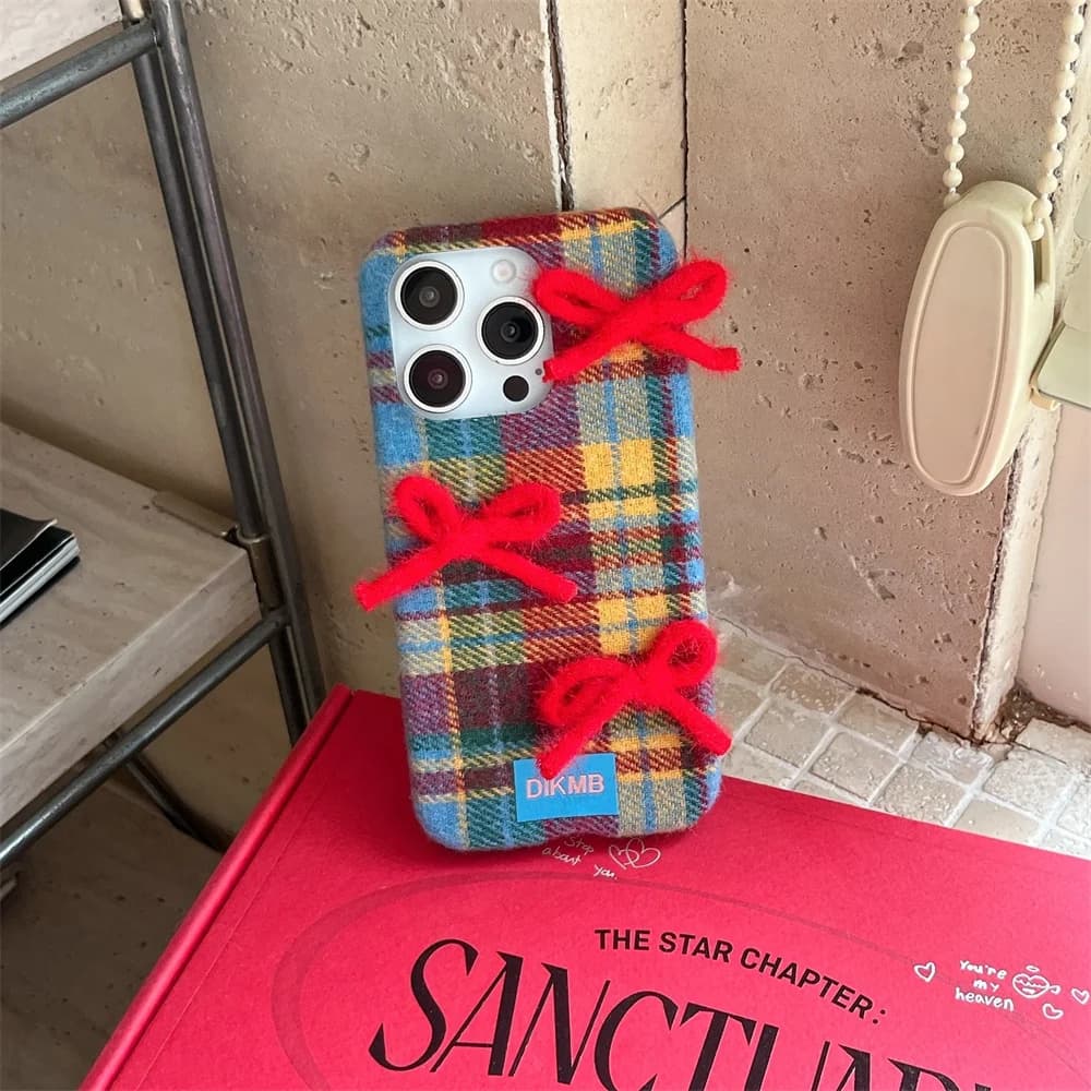 Korean luxury Cute Red bow tie 3D Plush Phone Case for iPhone 18 17 Pro Max 15 16 17 18 Pro Cover Shockproof Cove Kawaii Cases