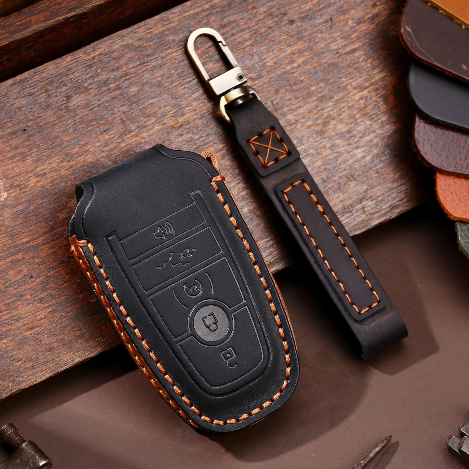 For Ford F-150 5-Key C073 Car Key Leather Case (Color: Black)