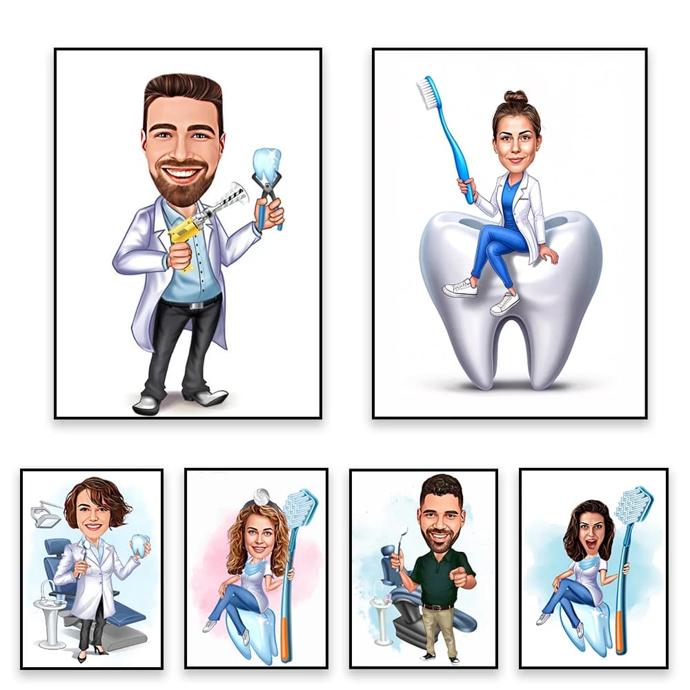 Custom Woman Dentist Cartoon Portrait Poster Personalized Dentist Portrait Prints Caricature from Photo Funny Dentist Prints