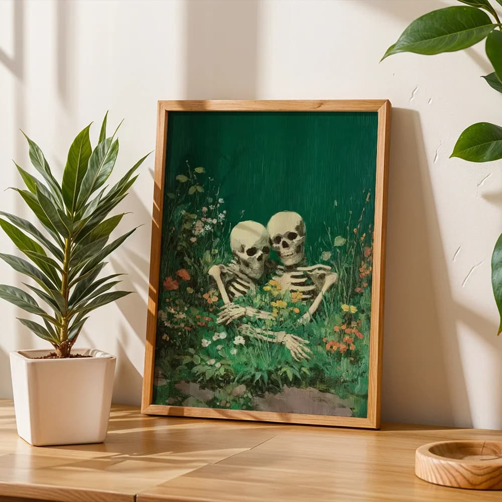 Vintage Embracing Skeleton Couple Canvas Wall Art,2D Print,Wall Decor For Living Room Bedroom,Halloween Themed Home Decor Gift