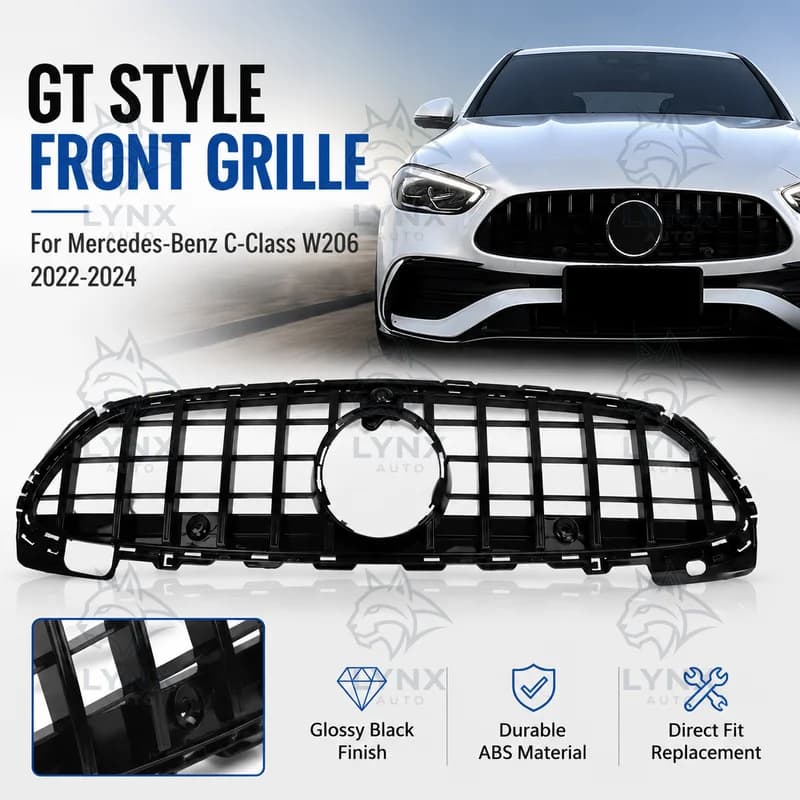 For Mercedes-Benz C-Class W206 2022-2024 Glossy Black GT Vertical Bar Front Bumper Grille GTR Style Direct Replacement