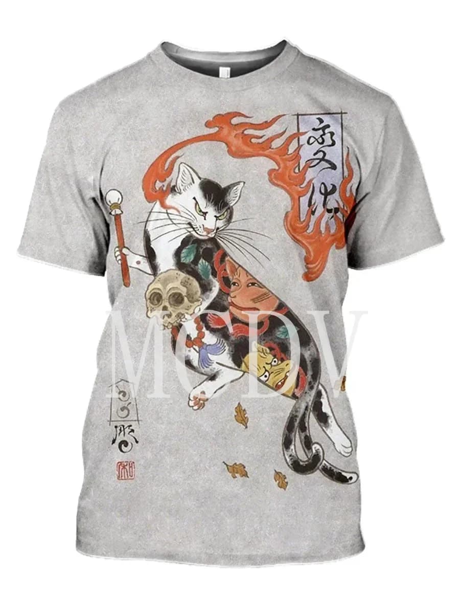 2023 Summer Men's Printed Casual Crew Neck Short Sleeve T-ShirtJapanese Cat Tattoo 3D Printed T Shirt