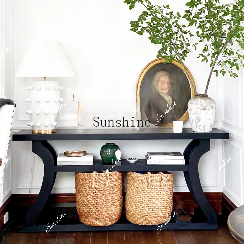 French retro style solid wood porch black simple entrance foyer against the wall long case side table  FT