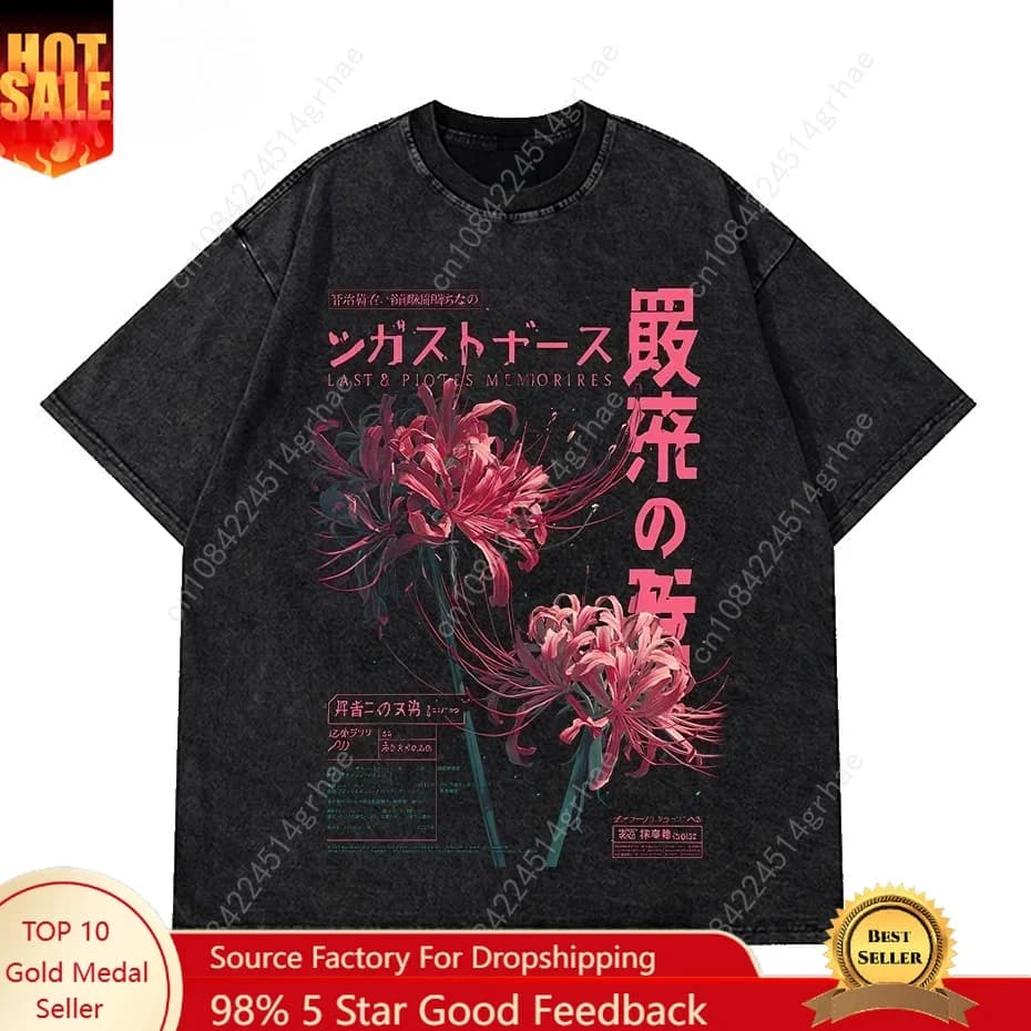 Grunge Flower Japanese Spider Lily Washed  New Arrival Mens Clothes Tee Shirt Graphic T-Shirts Men Tshirt for Men Ropa Hombre