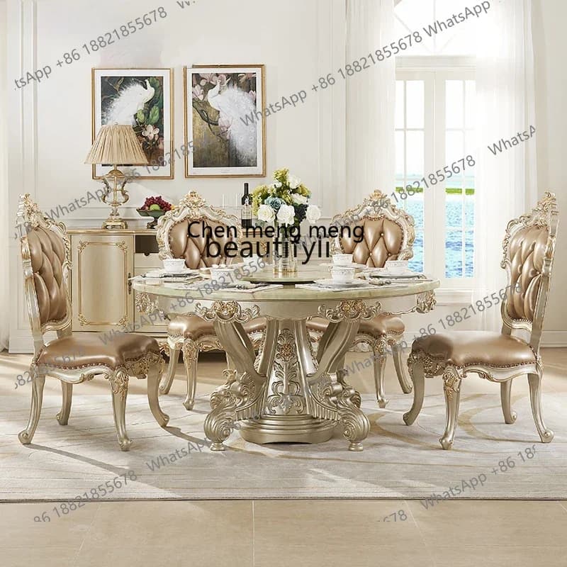 178European marble dining table, golden round table, all solid wood dining table, luxury dining table and chairs with turntable2