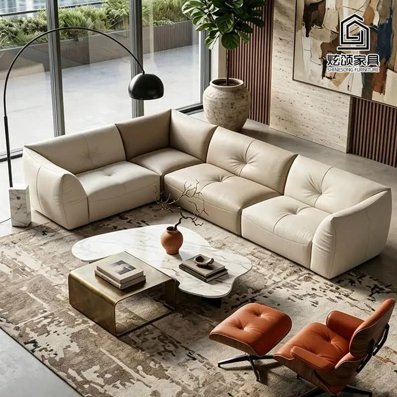 Modern Living Room Sofa Set With Soft Sponge Cushions And Synthetic Leather Upholstery For Family Seating And Home Lounge Use