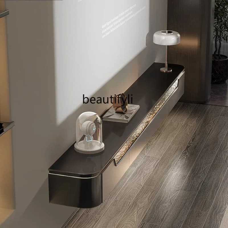 Floating TV Cabinet Wall-Mounted Light Luxury Concealed Socket Rock Board Ultra-Thin Suspended Narrow Wall Cabinet