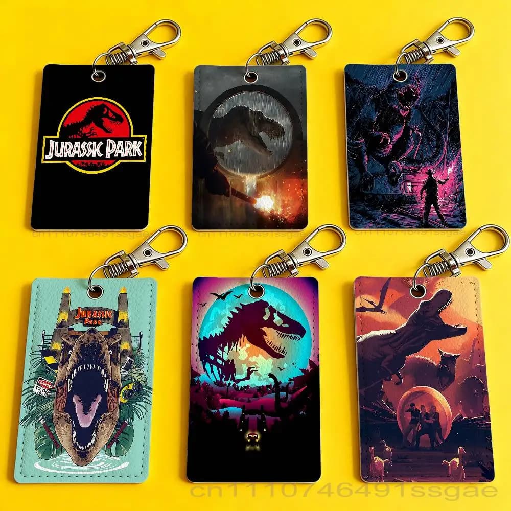 J-Jurassic P-Park wrold Card Case Leather Card Holder Keychain Key Ring Door Access Tags ID Card Case Keychain