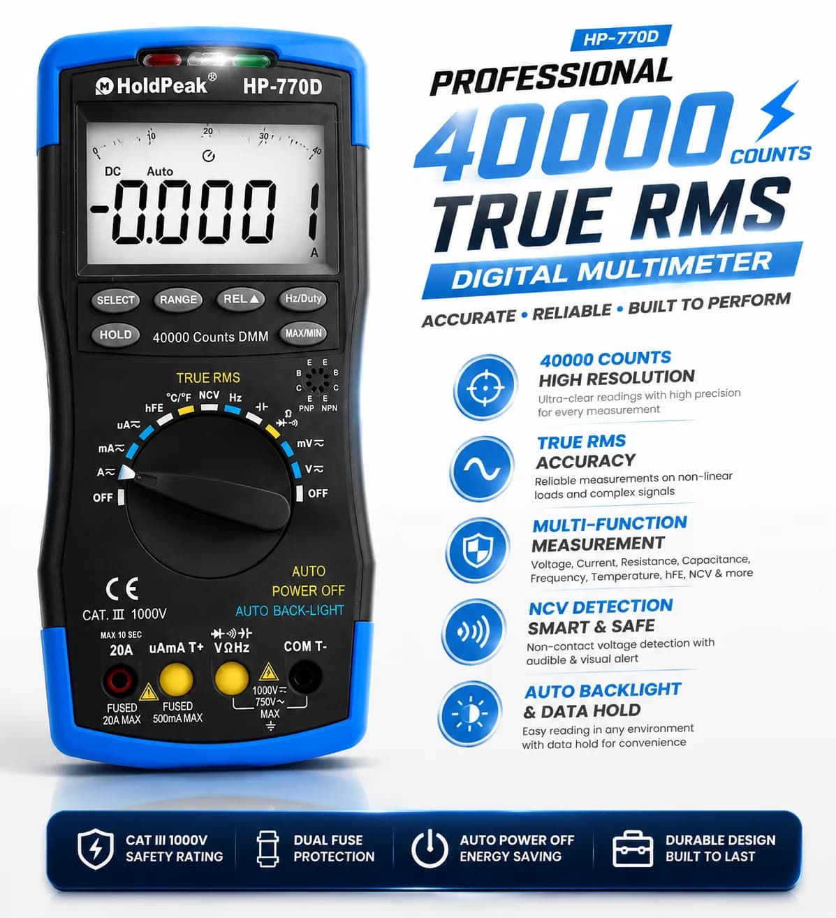 HoldPeak Digital Multimeter HP-770D High-Accuracy Auto Range True RMS 40000 Counts NCV AC DC Voltage Current Ohm Tester