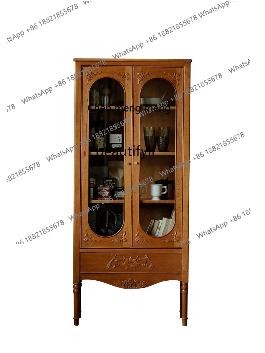 X  Cherry wood French retro style home bookcase wine cabinet, medieval storage display cabinet