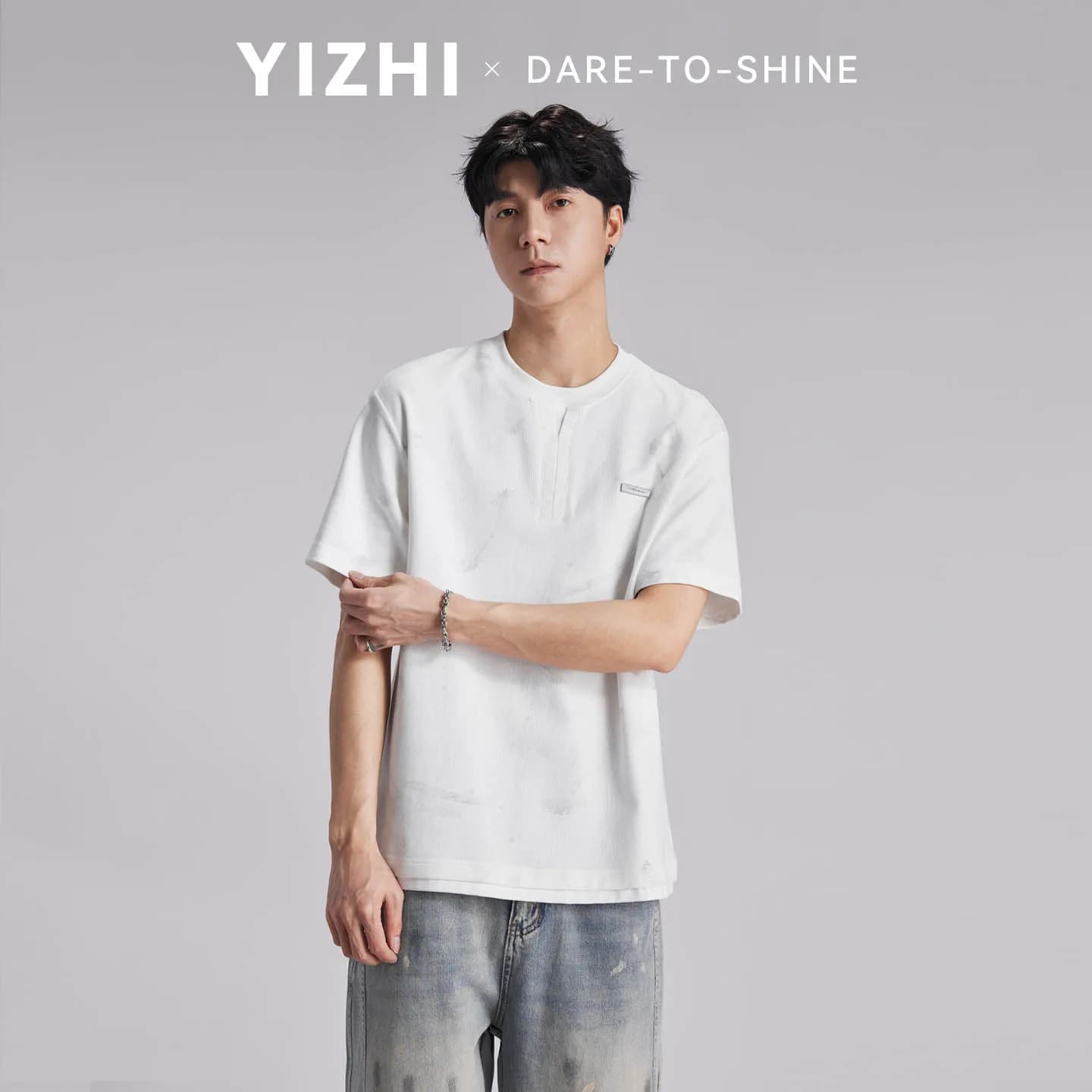 2026 Summer Men's 240G Heavyweight Tie-Dye Tee Fake Two-Piece Henley Loose Skin-Friendly Breathable Casual Short Sleeve T-Shirts