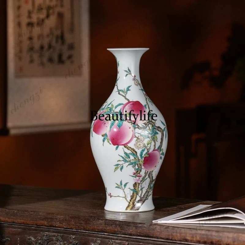 Living room flower arrangement ceramic vase hand-painted eight peach pattern porcelain vase Chinese style