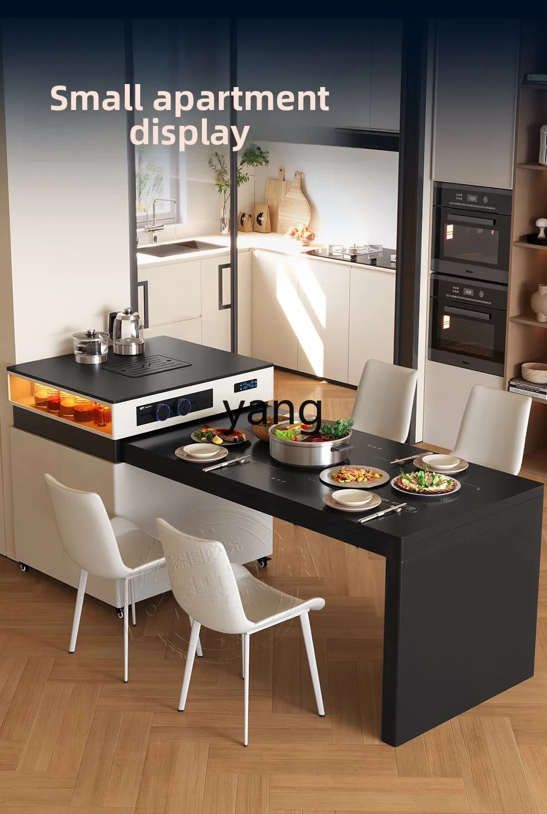 LMM medieval wind island dining table integrated retractable household with induction cooker pure black rock slab