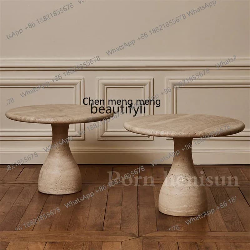 CC French minimalist natural Roman travertine round coffee table designer creative coffee table