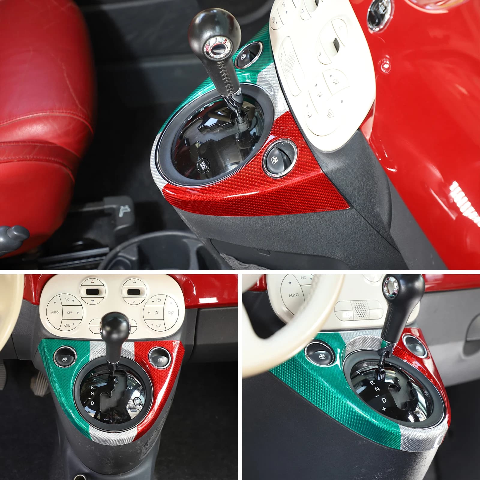 For Fiat 500 2010+ Three-color Carbon Fiber Kit Center Shift Panel Trim,side Door Mirror,Steering Wheel Chin Sticker