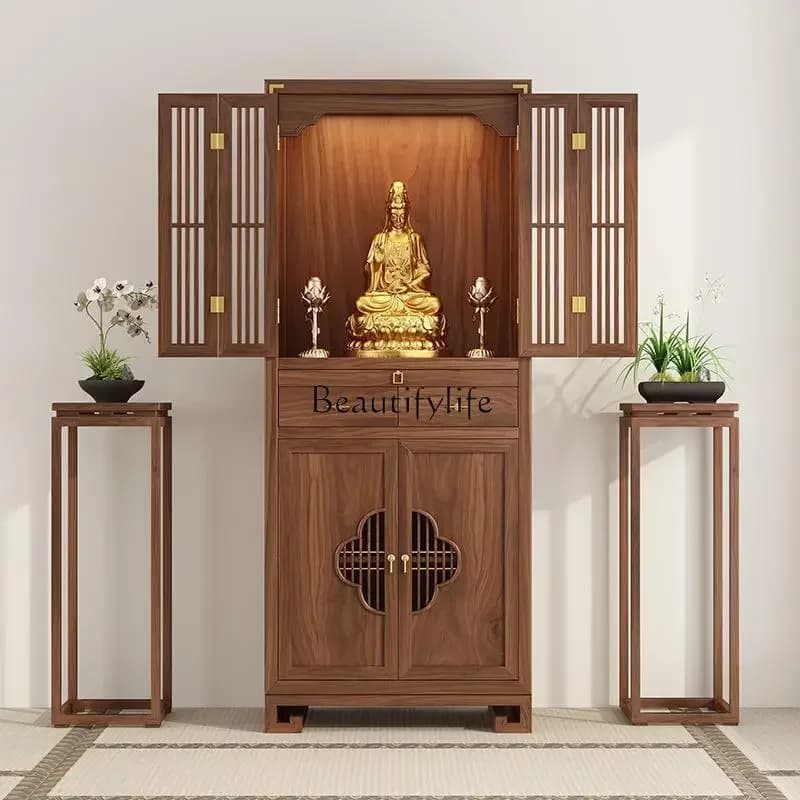 09Black walnut casket new Chinese modern vertical cabinet solid wood Buddhist cabinet
