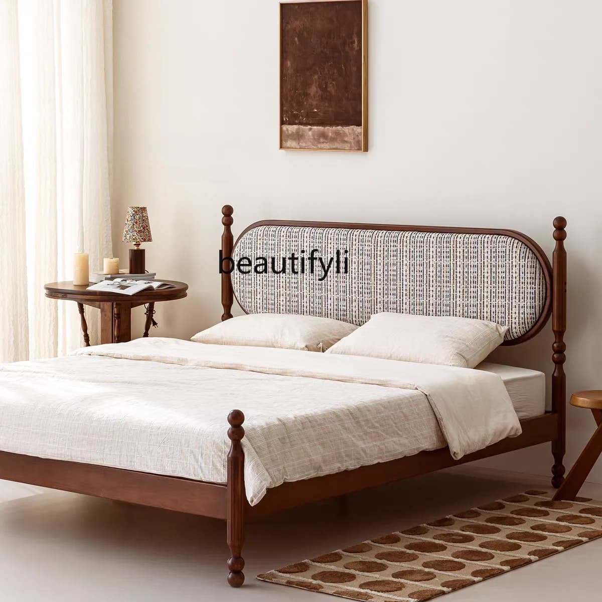 Vintage French Style Double-Sided Rotatable Retro Fabric Bedroom Solid Wood Bed 1.8m Double Bed