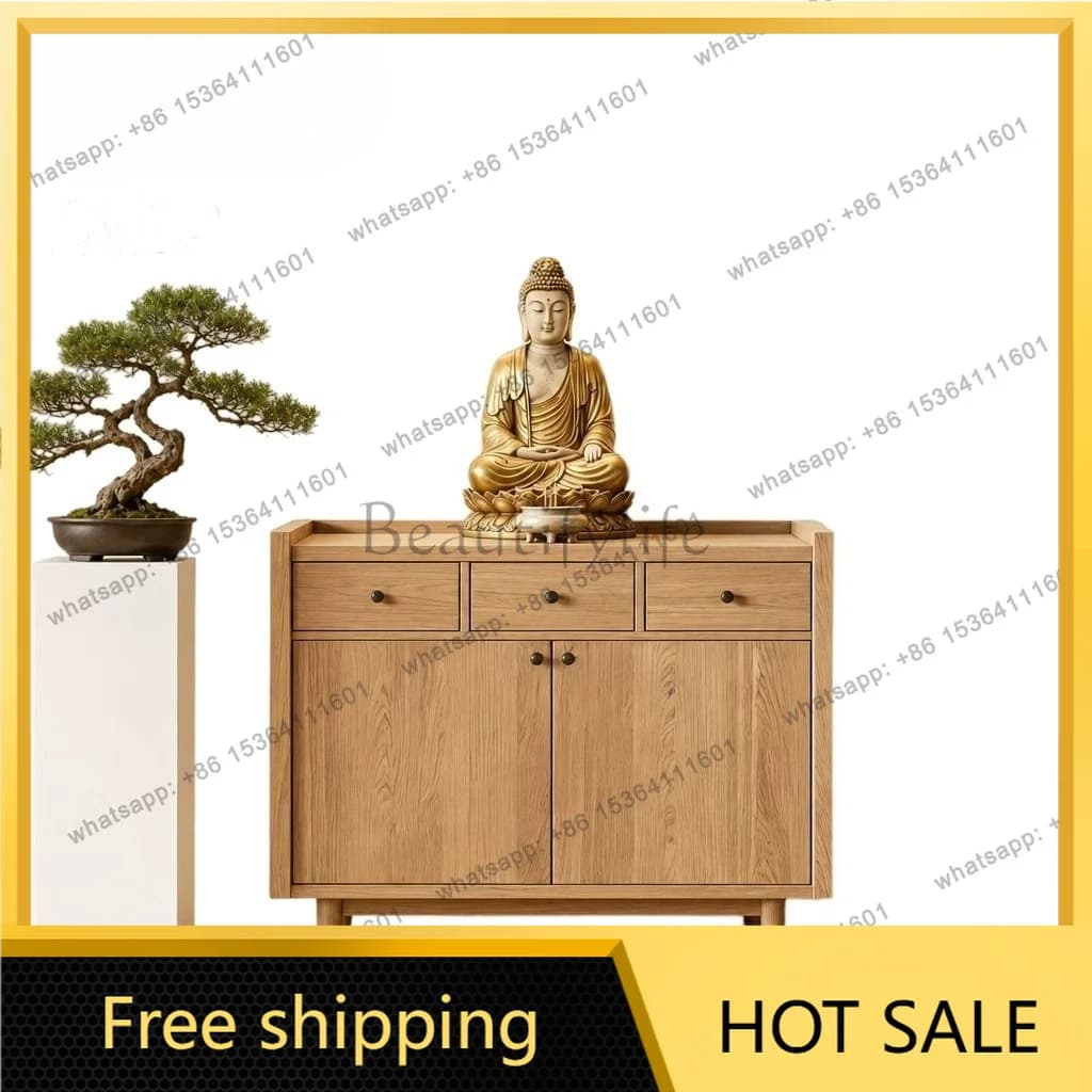 YJ Ash Wood New Chinese Household Shrine Side Cabinet Home Altar For Guanyin Buddha Statue God of Wealth Worship Display Cabinet