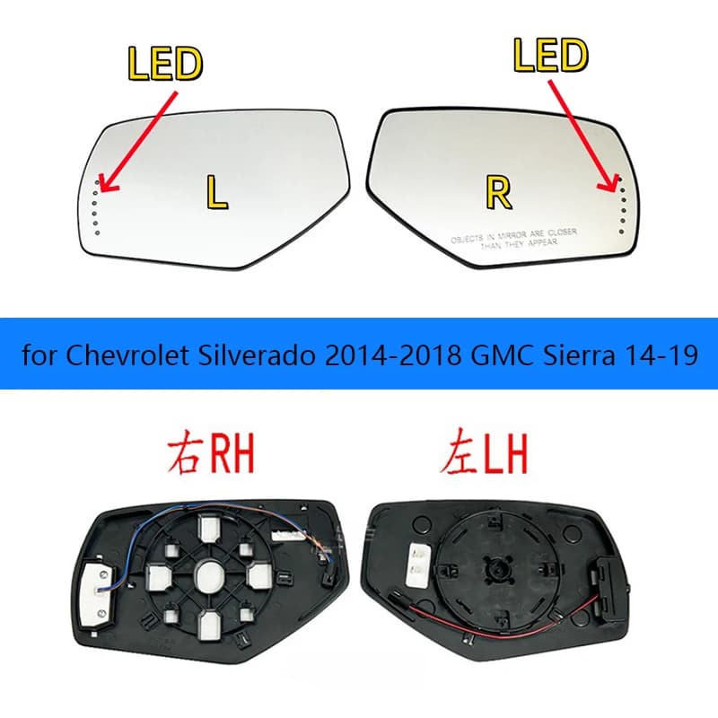 Car Left/Right Side Heated Mirror Glass for Chevrolet Silverado GMC Sierra 14-19 Rearview Mirror Reflector LED Lenses