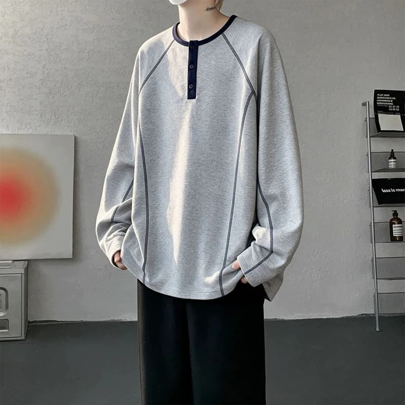 Men 2026 Autumn Henley Long Sleeve T-shirt American High Street Loose Contrast Stitch Raglan Sleeve Casual Basic Bottoming Tee