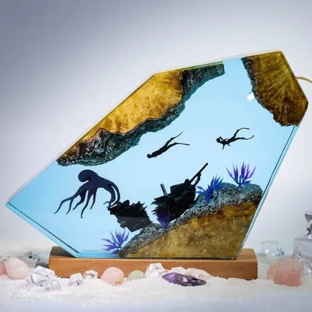 6x4 inches Ocean Breeze Oxygen Resin Wooden Luminous Display Piece Octopus Shipwreck Diver Atmosphere Home Decoration Art Piece