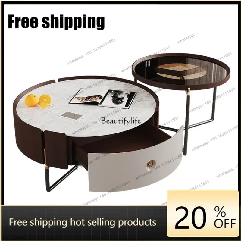 HJ Italian Silent Cream Style Living Room Combination Size Round Tea Table TV Cabinet