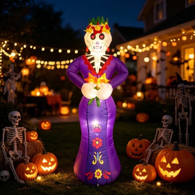 160cm Inflatable Skeleton Ghost Woman for Day of The Dead Decoration Inflatables Halloween Skull Decor Outdoor Yard Garden Decor