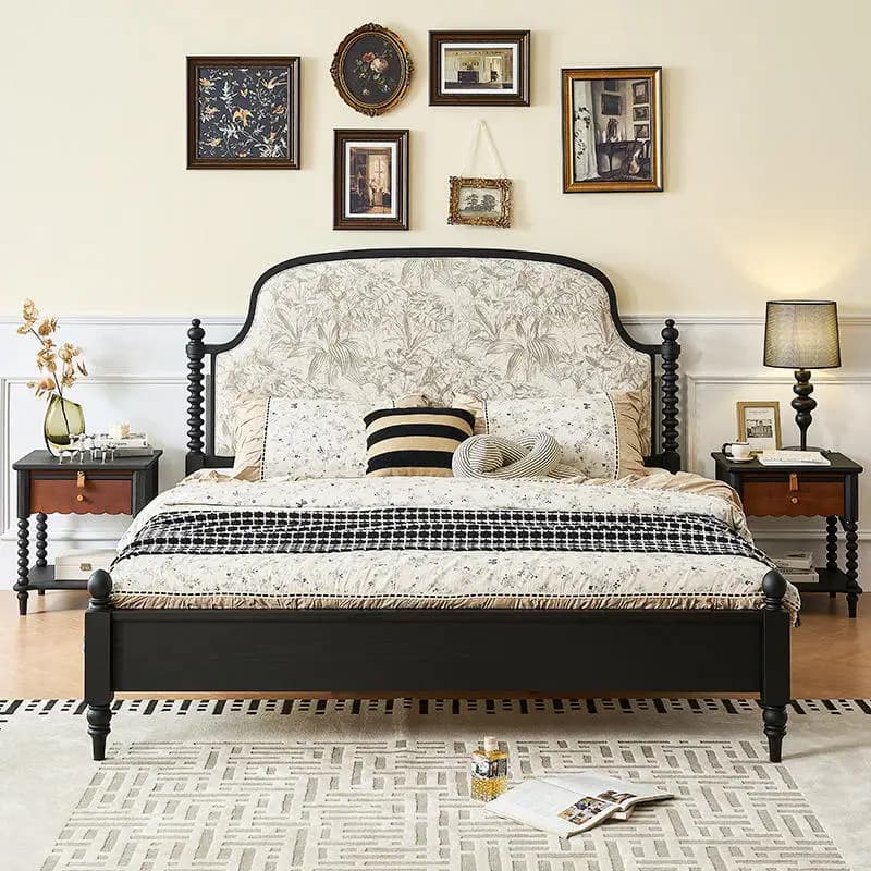 Solid wood furniture: minimalist design, luxurious wooden bed frame with comfortable upholstered headboard