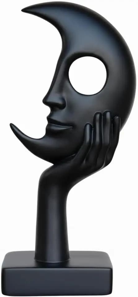 Abstract Face Sculpture, White Matte Finish, Modern Tabletop Statue with Hand on Chin, Freestanding Home Decor