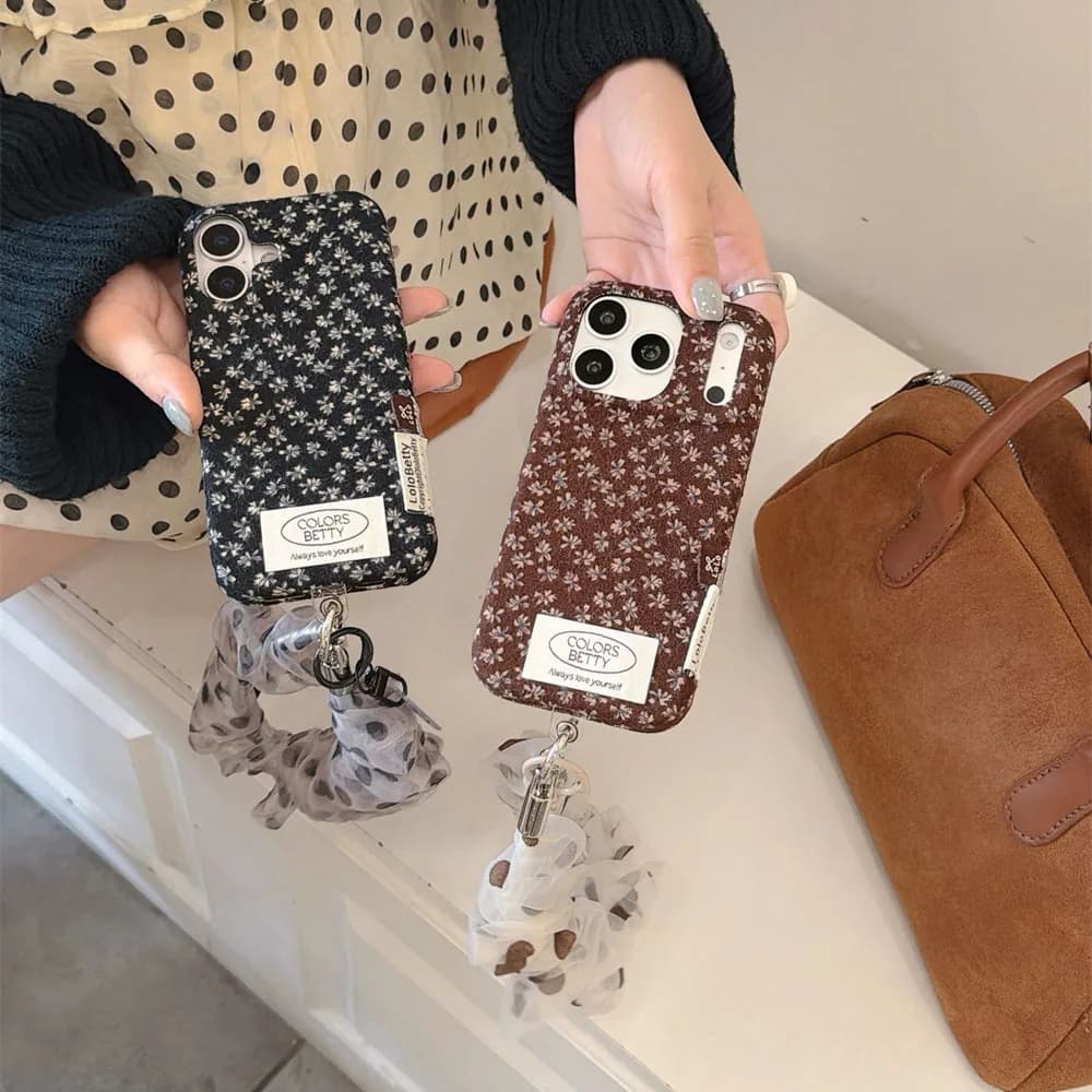 Korea Fuzzy Floral print Phone Case For iPhone 18 Pro Max 18 Pro 17 16 15 Protection Shockproof Cute Cases Cover with Chain