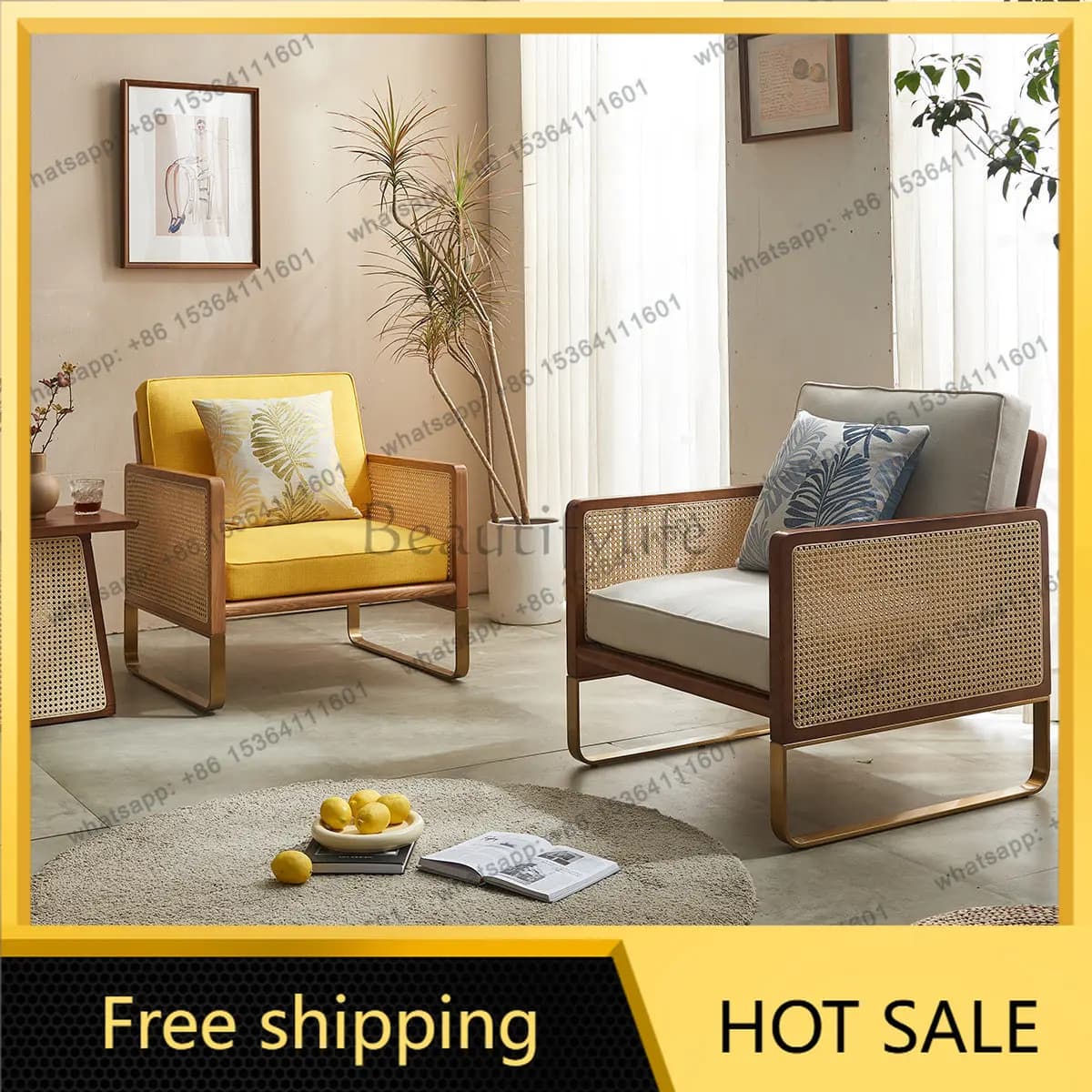 LD Nordic retro rattan sofa chair Hotel cafe Solid wood single leisure chair