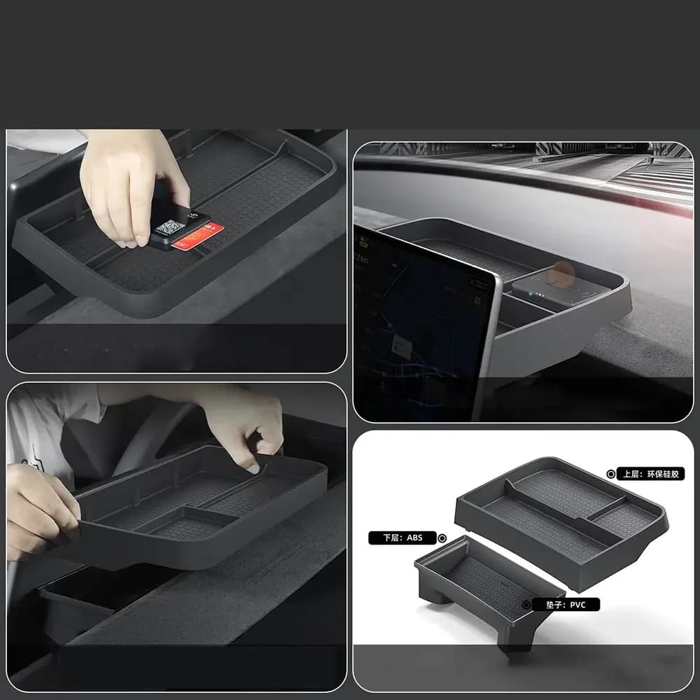 Behind Screen Double Storage Box For Tesla Model Y Juniper 2025-2026 Center Console Dashboard Hidden Organizer Sunglasses Tray